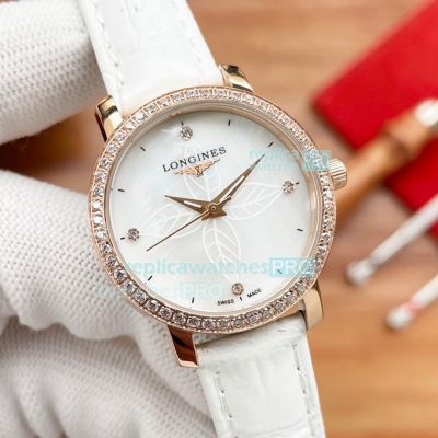 Hot Sale Replica Longines Watch White Dial Stainless Steel Case White Leather Strap Men's Watch 30mm
